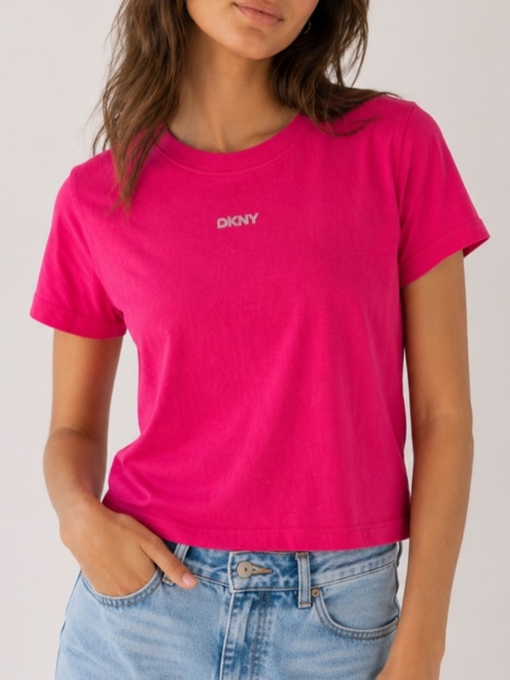 DKNY Hot Pink Rhinestone Logo Baby Tee Y2K McBling Size XL
